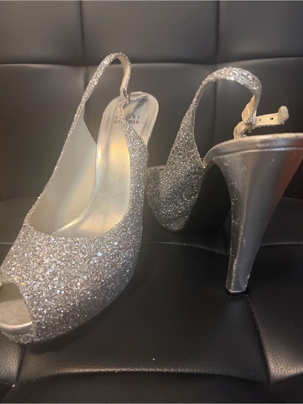 silver glitter platform peep-toe slingback heels by Stuart Weitzman sz10